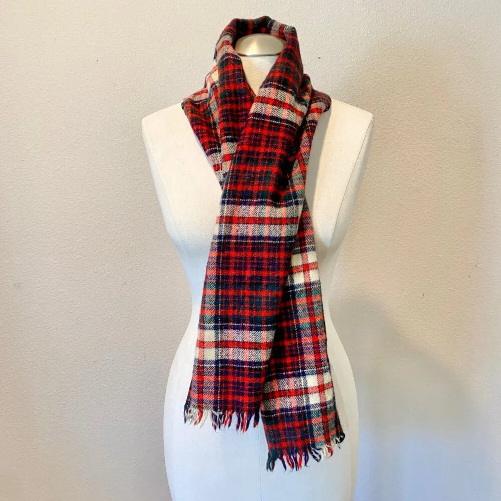 Vintage Red Plaid Wool Scarf by Johnston's of Elgin - Made in Scotland - 52